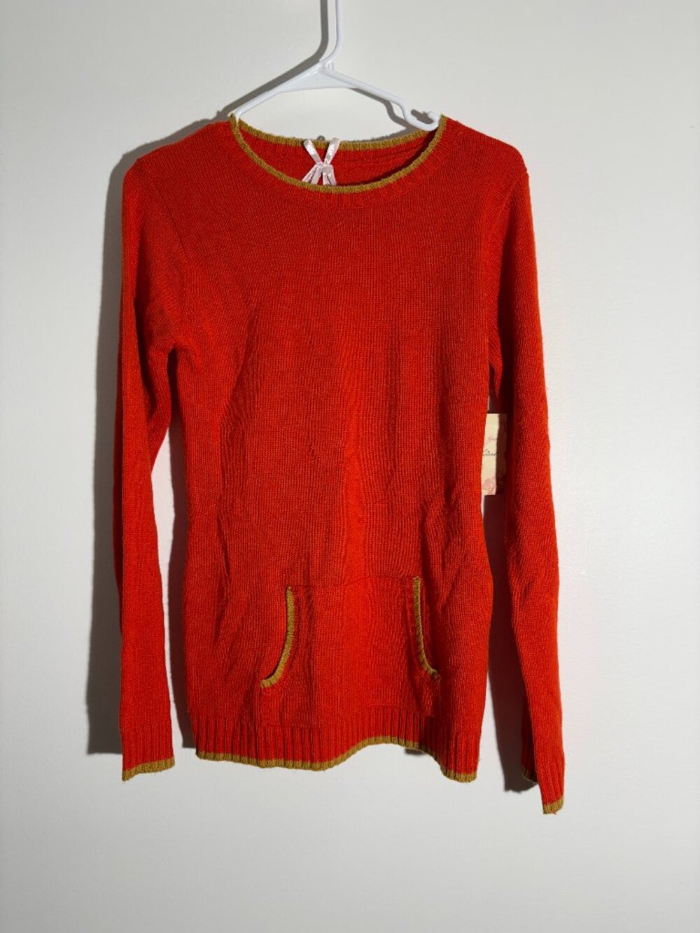 NWT Derek Heart Vintage Orange Knit Sweater Kangaroo Pocket Gold Trim L